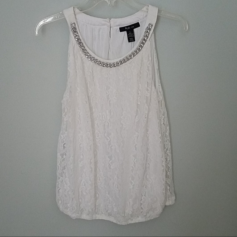 Apt. 9 Women White Floral Lace Chain Detail Sleeveless Top Tank Large‎